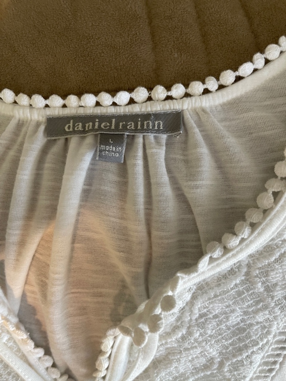 Daniel Rainn White Lace-Trim Top with Pom-Pom Edge